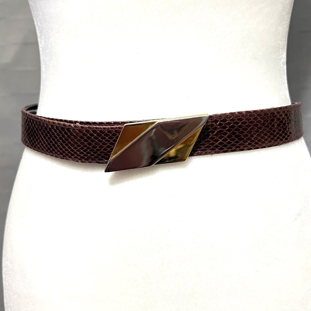 Vintage Genuine Snake Skin Belt Brown Medium Gold & Silver Tone Geometric Buckle